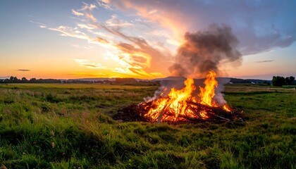 A large bonfire burns brightly in a green field at sunset