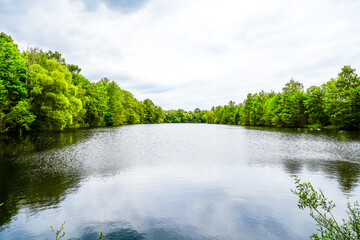 View of the Ederfeld lake district and the surrounding green countryside. Landscape by the lake...