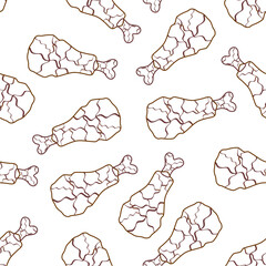 Doodle fried chicken seamless pattern background. Fried chicken thigh doodle pattern. Doodle fried chicken thigh pattern background. Fast food doodle pattern background.