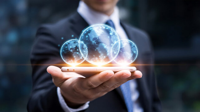 Businessman presenting global network on smartphone - Powered by Adobe