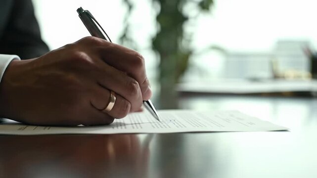 Ethnically ambiguous hand signs official document with sleek pen on dark wood desk. Clean, sunlit corporate office background with bokeh. Concept of business agreement