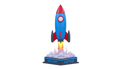 Cartoon Rocket Launching with Flames and Smoke