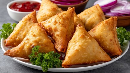 Delicious samosas on plate with fresh herbs. Authentic Indian cuisine delights taste buds. Crispy pastry filled with spiced potatoes and peas. Perfect for snacks and gatherings.