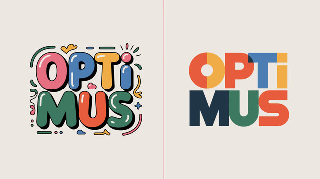 A vibrant visual comparison showcases the word optimus presented in two distinct logo styles with playful color schemes and modern typography high quality professional detailed elegant
