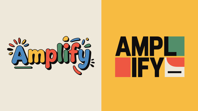 a vibrant visual composition featuring the word amplify creatively presented in two distinct stylistic approaches across a divided background high quality professional detailed modern elegant stylish