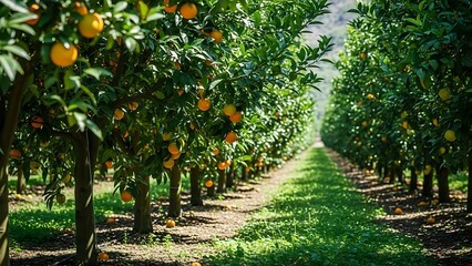 Rows of ripe oranges hanging from trees in a sun-drenched orchard, showcasing a bountiful harvest and the beauty of nature