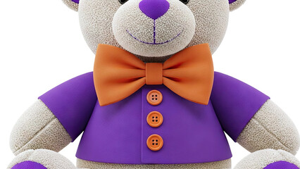 Close-up of a Textured Teddy Bear with Orange Bowtie and Purple Jacket