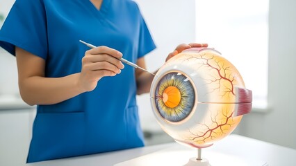 A medical professional examining an anatomical model of a human eye with a tool