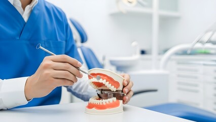 A dentist examines a model of human teeth in a dental office with a dental tool