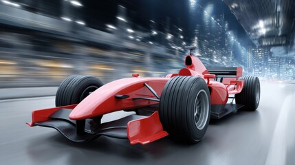 Fototapeta premium Fast red race car driving on city street at night with bright lights in the background
