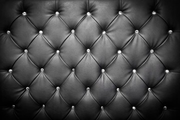 Naklejka premium Close-up of elegant black tufted leather upholstery with decorative silver buttons creating a classic diamond pattern.