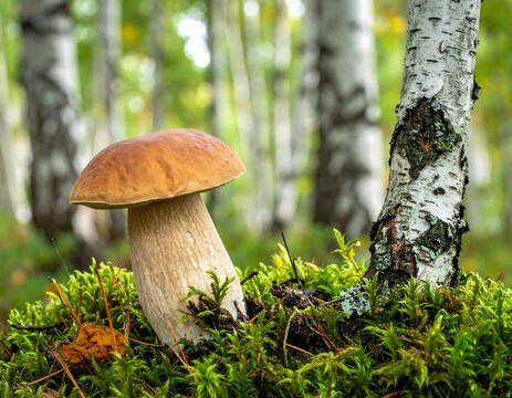 A large, tan-capped mushroom grows from moss near a birch tree in a blurred-background forest scene
