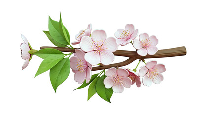 Pink Cherry Blossoms on a Branch with Green Leaves