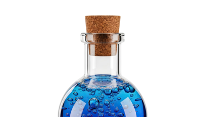 Glass bottle with blue liquid and cork stopper