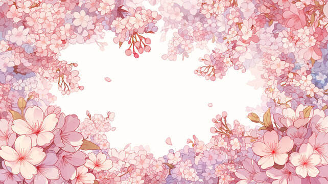 春の花輪背景フレーム素材 デザイン素材 丸囲み フラワーリース風 ナチュラルテイスト イベントチラシ カード動画用 春の印象的な背景素材