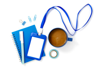 Blue plastic badge with book and coffee isolated on white background. Template designed for employees and guests of company