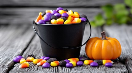 Colorful candy in a black bucket with a small pumpkin on a wooden surface during fall season