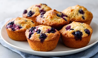 Blueberry almond muffins, small golden almond flour muffins with visible blueberries bursting on top and a tender crumb, arranged in a group