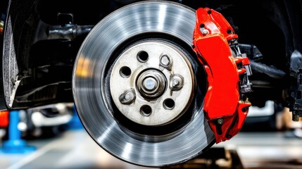 Close up view of a car wheel and brake system in an auto shop during daytime