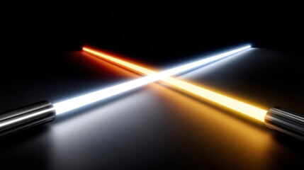 Two lightsabers cross each other in a dark space creating a bright display of colors and lights in the background