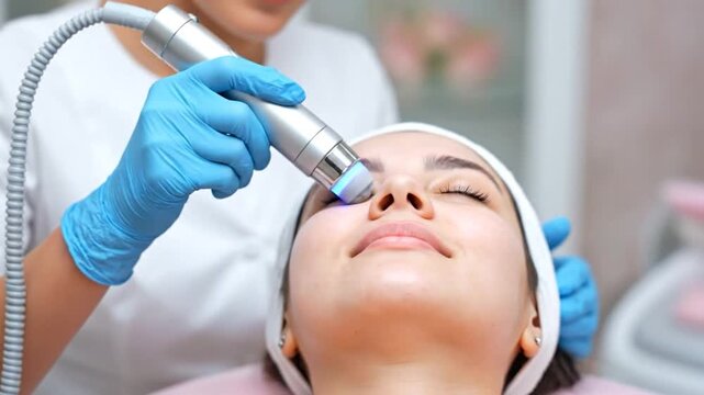 Person receiving facial treatment with device