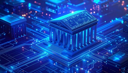 Digital bank on circuit board—glowing blue neoclassical structure fused with fintech motherboard grid.