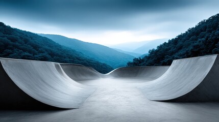 Skatepark located in a mountain area with wide ramps and cloudy sky above