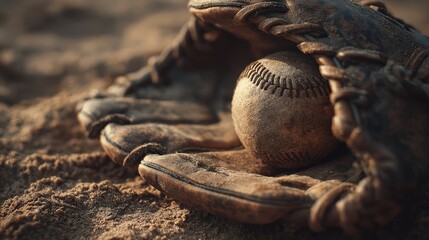 Weathered Baseball Glove with Dusty Ball on Dirt Infield Close‑Up