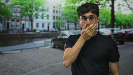 Man covering mouth with hands on amsterdam canal street wearing glasses and black t shirt; surprise...