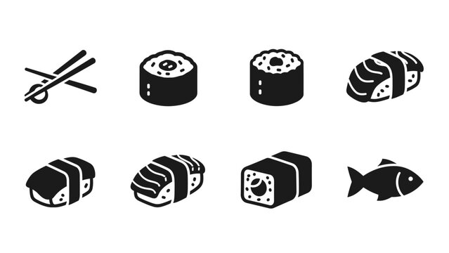 Minimalist sushi icon set: japanese cuisine elements in simple black silhouette style