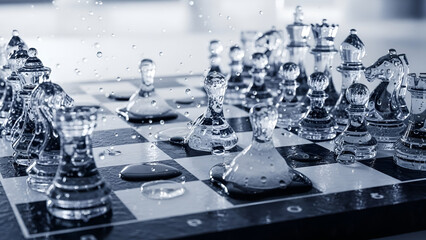 Blurred background image of glass chess pieces with water droplets, representing the concept of politicians using people as pawns.