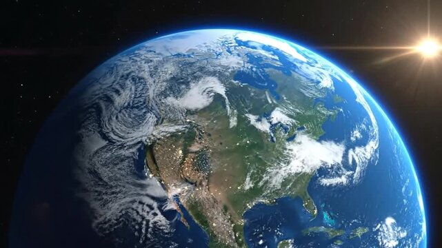 Beautiful view of planet Earth from space, showcasing continents and atmospheric clouds.