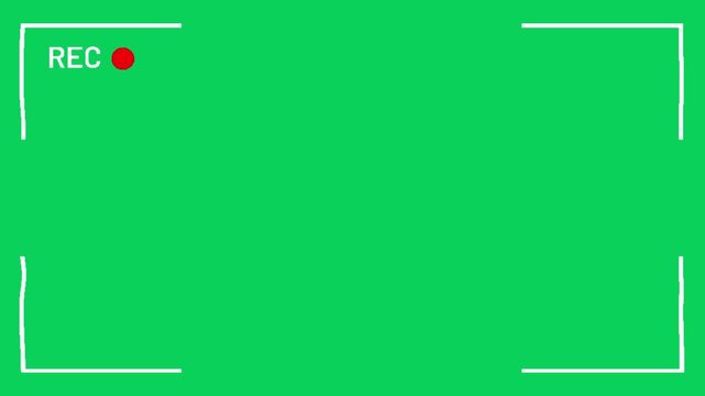 Camera recording on green screen background. Rec frame viewfinder overlay animation.