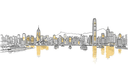 Obraz premium Urban harbor skyline with skyscrapers and boats in linear style