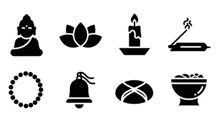 Minimalist meditation icons: buddha, lotus, candle, incense, beads, bell, zen stones, bowl