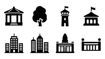 Fototapeta premium Icon set of urban and historical buildings in silhouette style