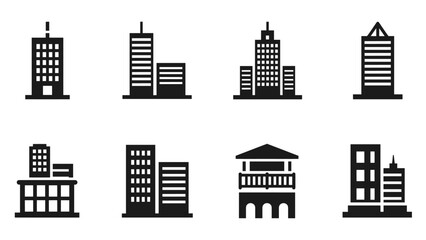Minimalist black silhouette icons of urban skyscrapers and buildings
