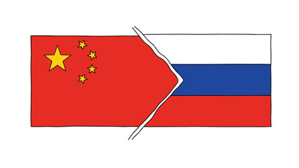 Split flags of china and russia in minimalist design representing diplomatic relations