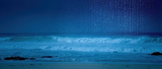 Glittering night sky ocean wave under stars creating tranquil coastal mood, long exposure seascape with shoreline and surf