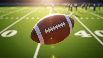 Brown Football with White Laces on a Green Field with White Markings