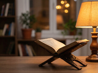 Ramadan Kareem Islamic background with open Quran holy book on wooden stand and prayer beads