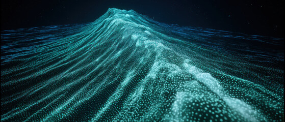 Digital teal particle wave landscape glowing motion abstract data stream serene oceanic ridge at night