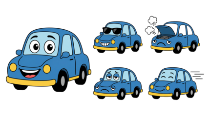 Set of blue cartoon cars displaying various emotions and actions, isolated character illustrations