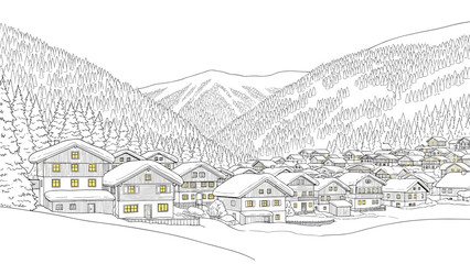 Obraz premium Charming snow-covered alpine village landscape with cozy wooden cabins