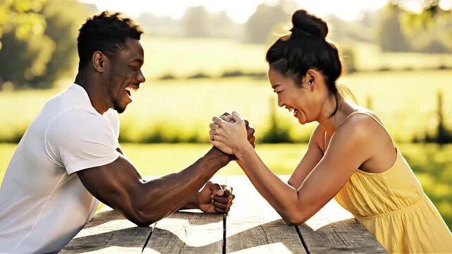 Young couple playfully arm wrestling on a wooden picnic table outdoors laughing and enjoying a moment of friendly competition in a sun-drenched rural setting