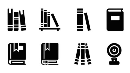 Minimalist book and bookcase icons set in black silhouette style