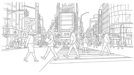 Obraz premium Busy city street with pedestrians in a linear urban landscape