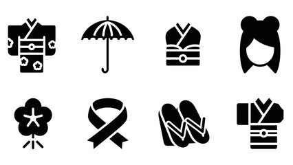 Traditional japanese culture icons in solid black silhouette style