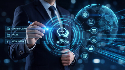 Businessman interacting with a digital PUBLIC RELATIONS interface featuring icons for communication, events, and social media. Concept of brand reputation management and corporate messaging.