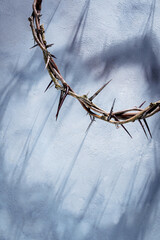 Crown of thorns representing sacrifice, suffering, and redemption on a textured blue background with shadows